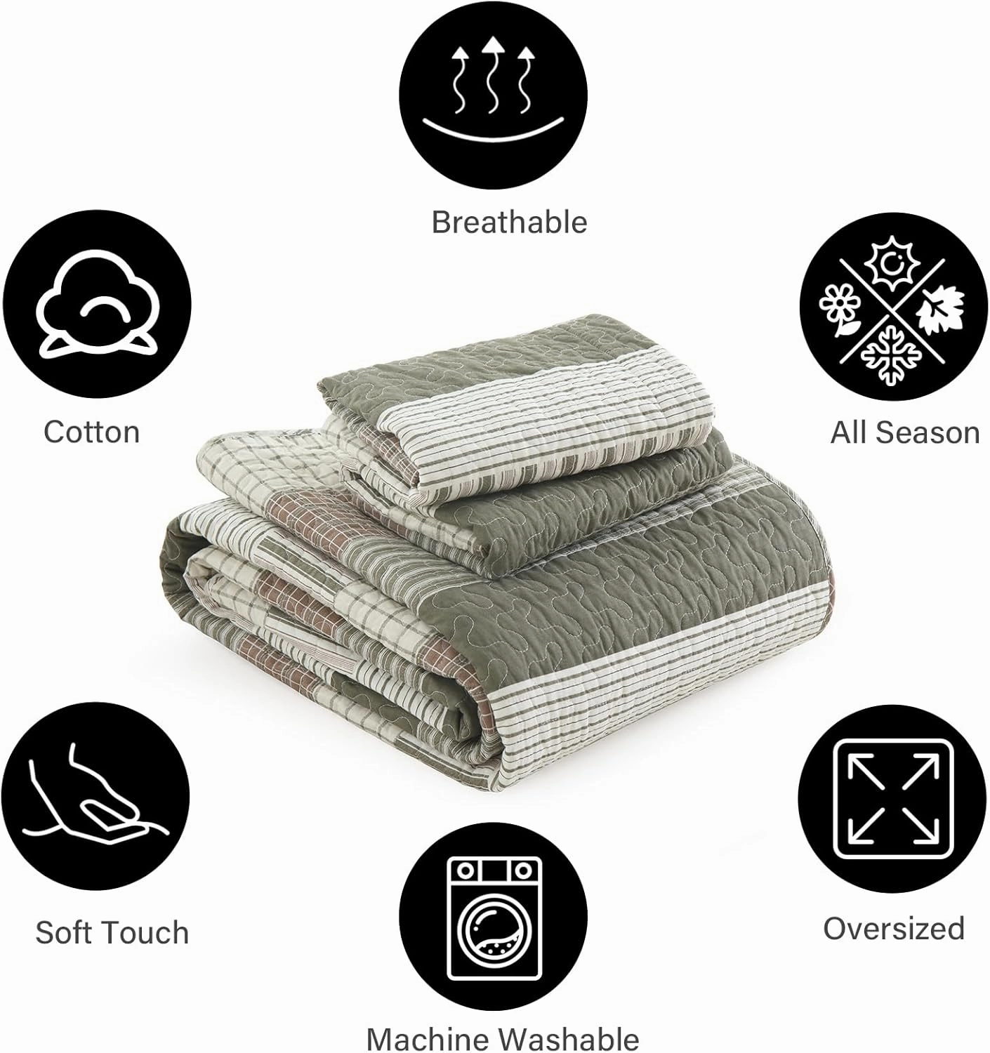 PANGUSHAN 100% Cotton Quilt Set King Size, Patchwork King Quilt Bedding Set Bedspreads, Farmhouse Lightweight Comforter Reversible Quilt, King Bed Spread for All Season, Green/Brown/Cream
