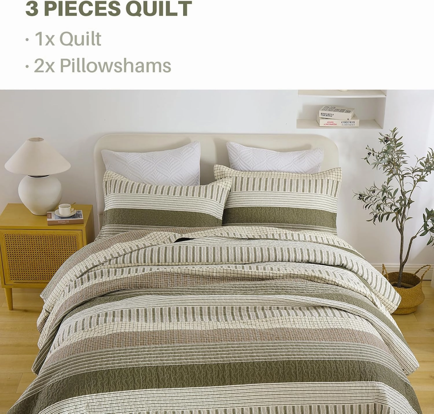 PANGUSHAN 100% Cotton Quilt Set King Size, Patchwork King Quilt Bedding Set Bedspreads, Farmhouse Lightweight Comforter Reversible Quilt, King Bed Spread for All Season, Green/Brown/Cream