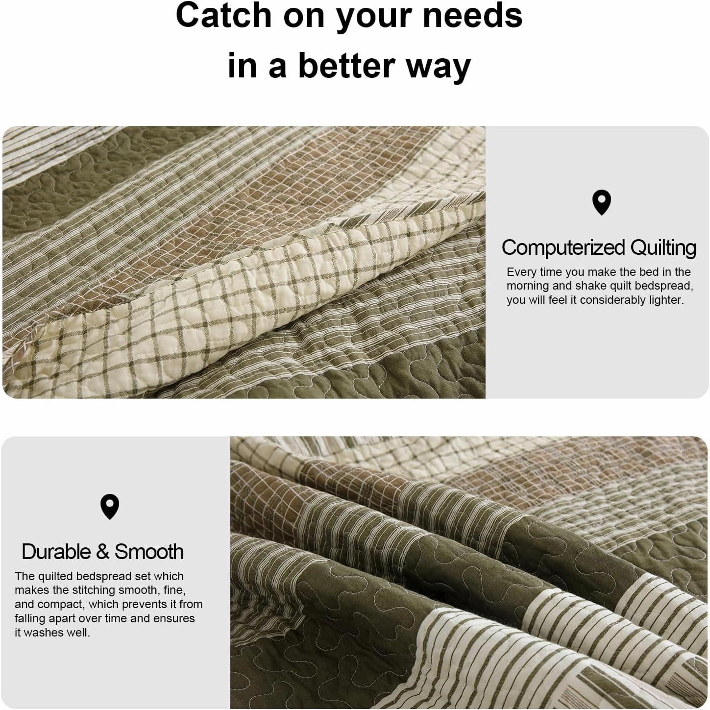 PANGUSHAN 100% Cotton Quilt Set King Size, Patchwork King Quilt Bedding Set Bedspreads, Farmhouse Lightweight Comforter Reversible Quilt, King Bed Spread for All Season, Green/Brown/Cream