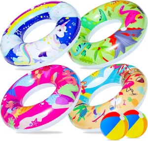 Parentswell 6PCS Big Pool Floats Tubes: Inflatable Pool Floats Swimming Rings with Beach Balls - Brightly Colored Pool Floaties Party Toys, Pool Toys for Kids Adults