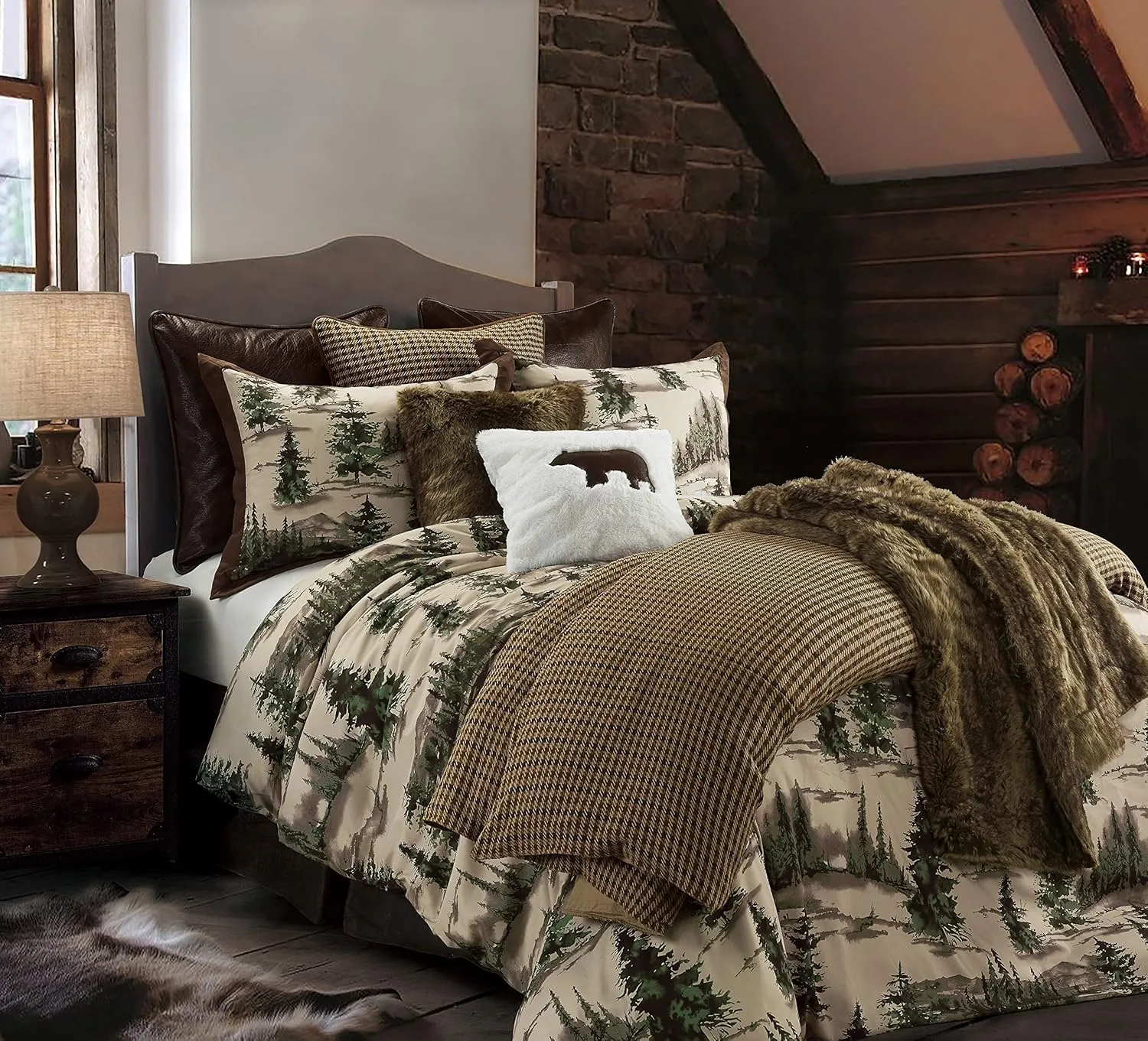 Paseo Road Cabin Bedding Joshua 3 Piece Lodge Comforter Set with Pillow Shams, Queen Forest Woods Bedding, Pine Trees Comforter Set, Woodland Nature Western Rustic Bed Set
