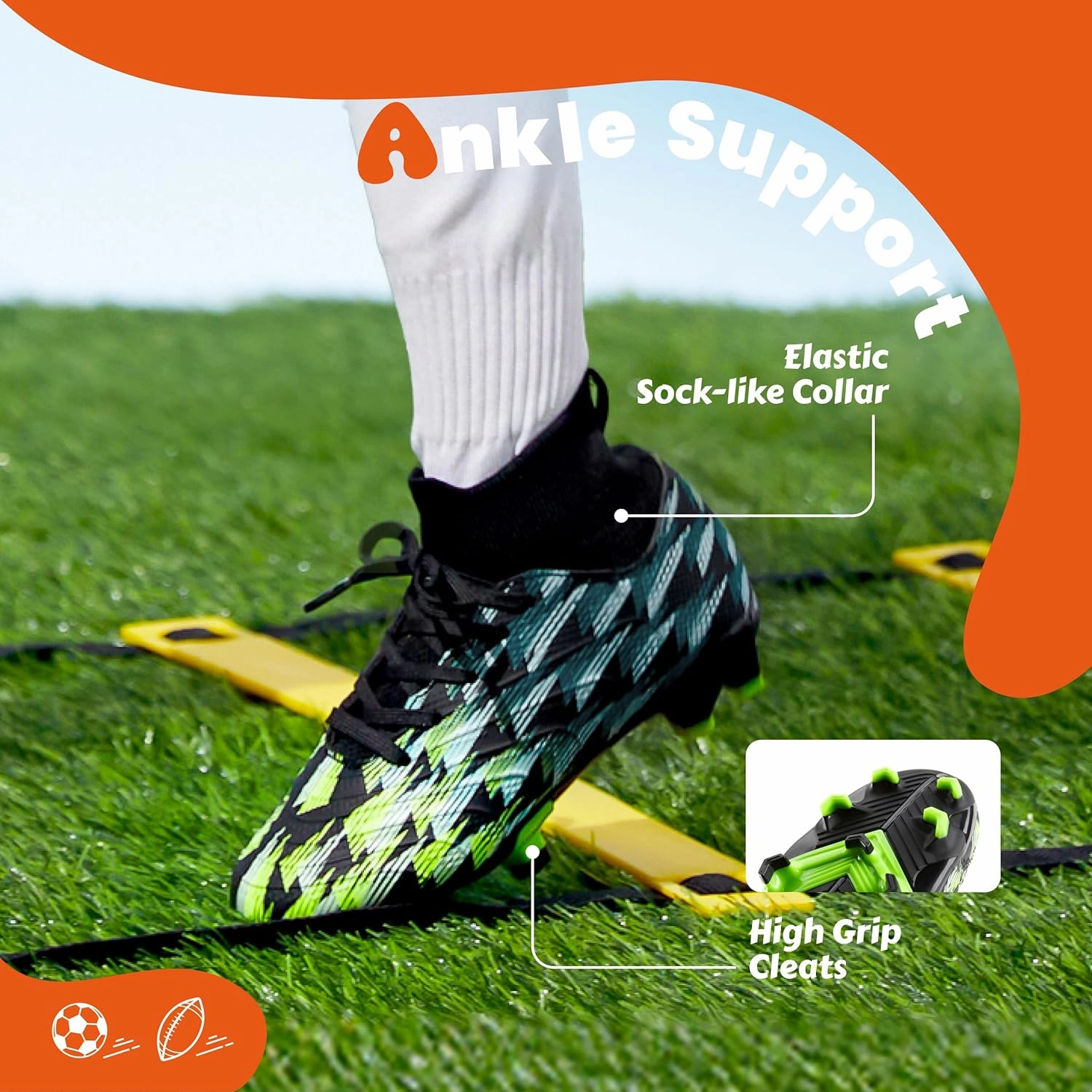PATPAT Kids Soccer Cleats – High Top Outdoor Firm Ground and Turf Football Training Shoes for Little Big Boys and Girls, Sizes 10-6