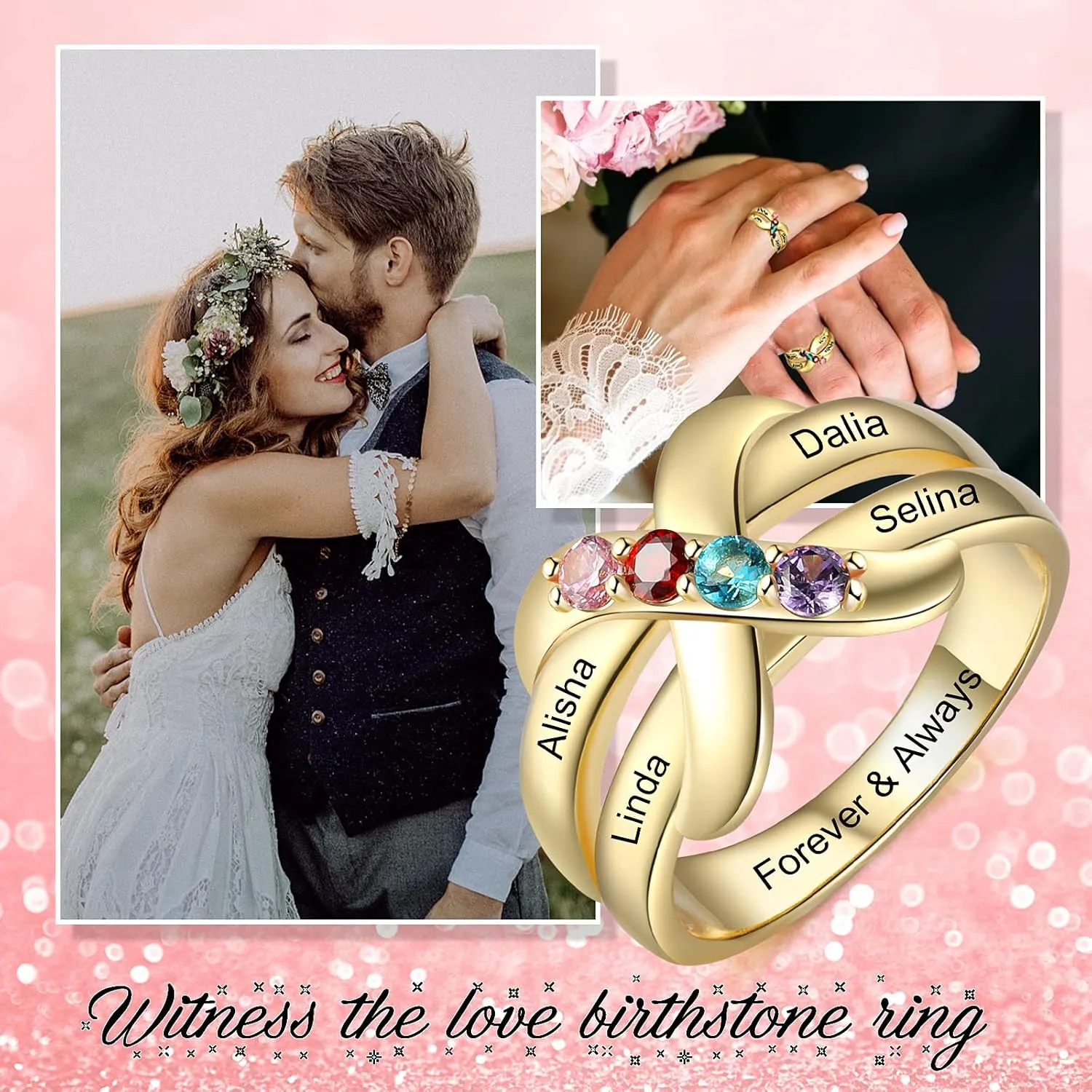 Personalized Infinity Rings for Women Promise Rings with 4 Simulated Birthstones Customized Family Rings for Her Engraved 4 Names Granddaughter Jewelry Ring