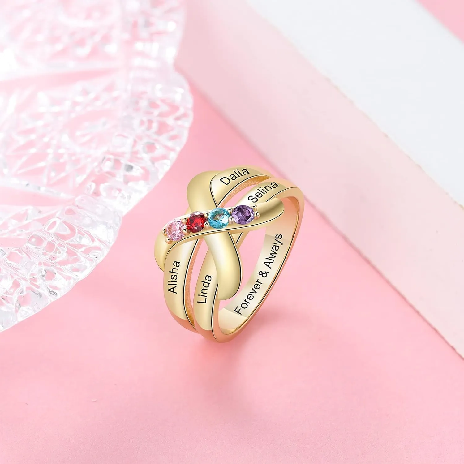 Personalized Infinity Rings for Women Promise Rings with 4 Simulated Birthstones Customized Family Rings for Her Engraved 4 Names Granddaughter Jewelry Ring