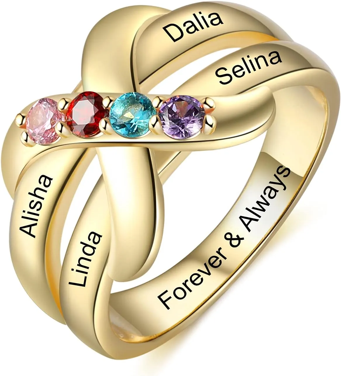 Personalized Infinity Rings for Women Promise Rings with 4 Simulated Birthstones Customized Family Rings for Her Engraved 4 Names Granddaughter Jewelry Ring