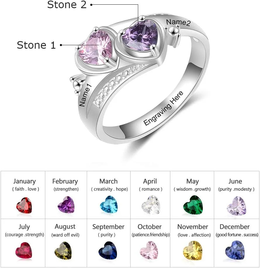 Personalized Mothers Rings with 2 Heart Simulated Birthstones Promise Ring for Wife Customized Name Wedding Rings for Women Engraved Family Name Jewelry Gift for Mommy Her on Mother's Day