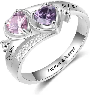 Personalized Mothers Rings with 2 Heart Simulated Birthstones Promise Ring for Wife Customized Name Wedding Rings for Women Engraved Family Name Jewelry Gift for Mommy Her on Mother's Day