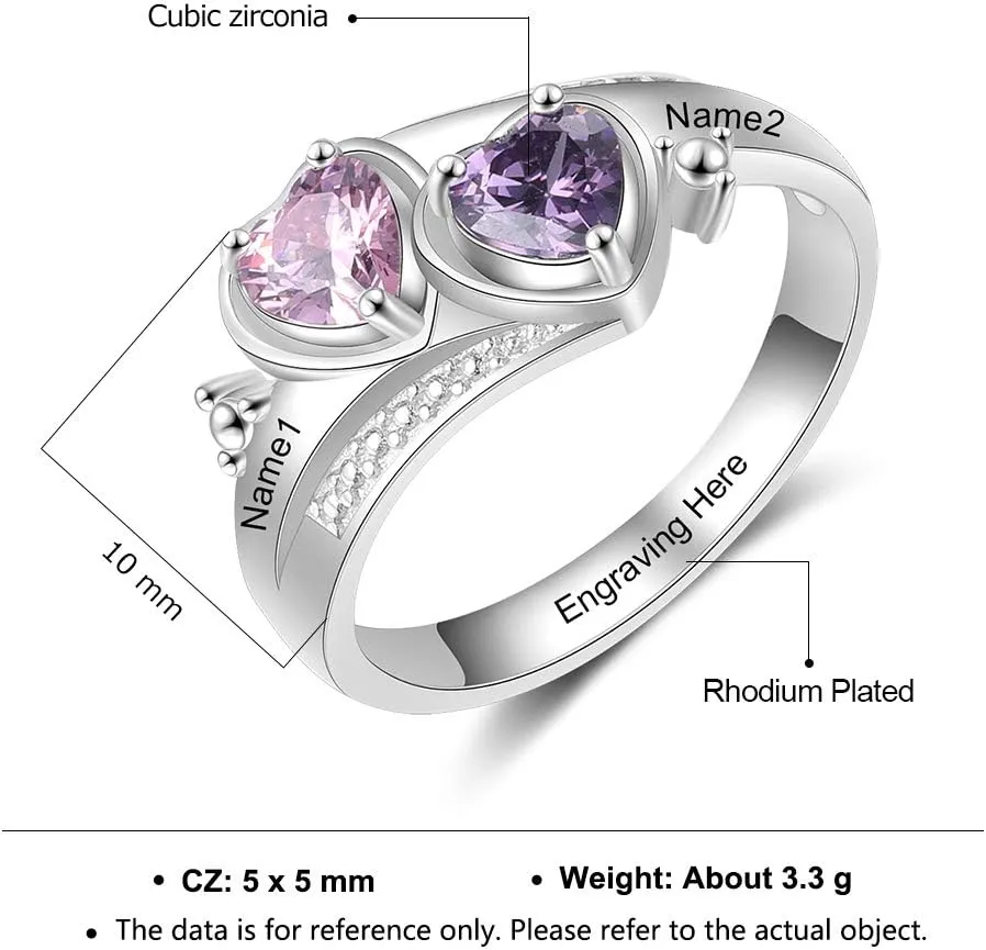 Personalized Mothers Rings with 2 Heart Simulated Birthstones Promise Ring for Wife Customized Name Wedding Rings for Women Engraved Family Name Jewelry Gift for Mommy Her on Mother's Day