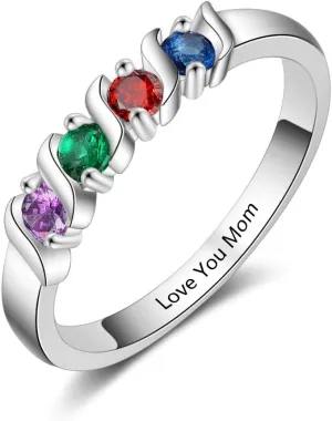Personalized Mothers Rings with 4 Simulated Birthstones Engraved Family Name Rings for for Women Grandmother Anniversary Jewelry
