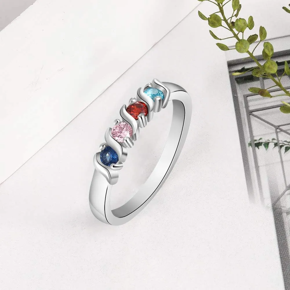 Personalized Mothers Rings with 4 Simulated Birthstones Engraved Family Name Rings for for Women Grandmother Anniversary Jewelry