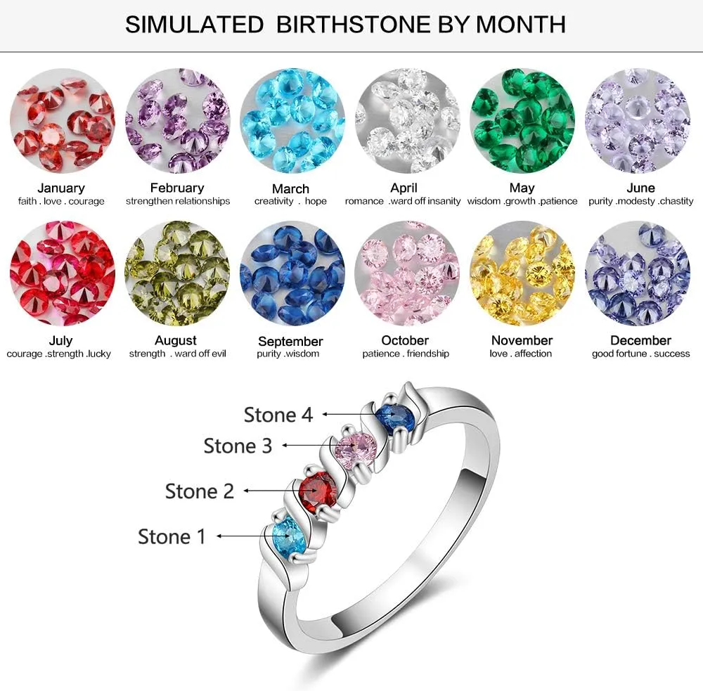 Personalized Mothers Rings with 4 Simulated Birthstones Engraved Family Name Rings for for Women Grandmother Anniversary Jewelry