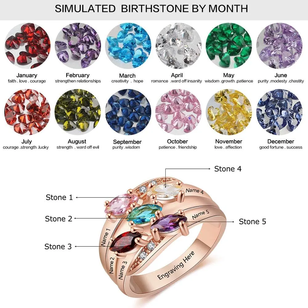 Personalized Mothers Rings with 5 Simulated Birthstones Family Promise Rings for Her Engraved 5 Names Granddaughter Jewelry