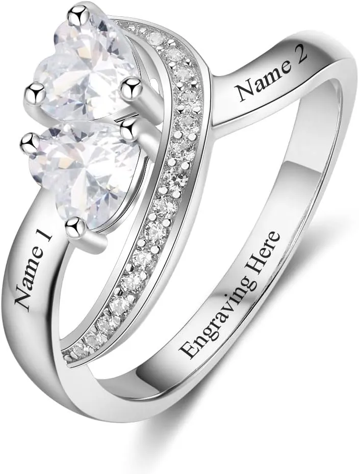Personalized Promise Rings for Her with 2 Simulated Birthstone Custom 2 Names Engagement Wedding Bands Jewelry for Women