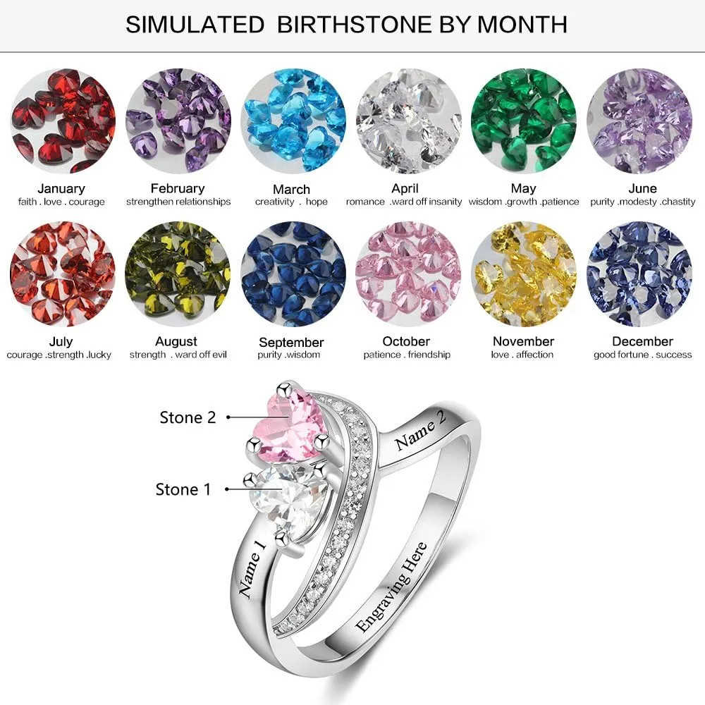 Personalized Promise Rings for Her with 2 Simulated Birthstone Custom 2 Names Engagement Wedding Bands Jewelry for Women