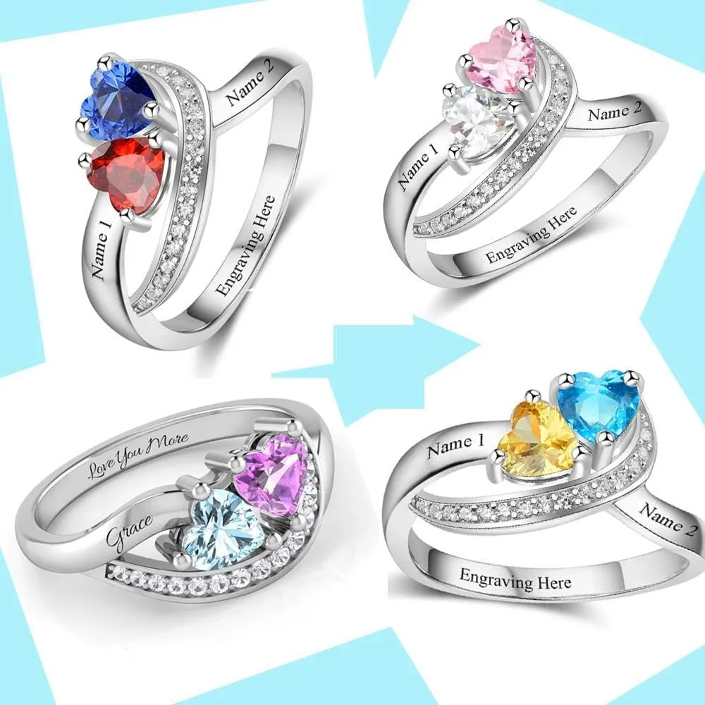 Personalized Promise Rings for Her with 2 Simulated Birthstone Custom 2 Names Engagement Wedding Bands Jewelry for Women
