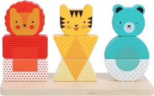 Petit Collage: Wooden Stacking Puzzle, Lion, Tiger, and Bear | Mix and Match Puzzle with 3 Stacks |Includes Guide Cards for Color and Shape Matching | Great for Ages 18 Months  