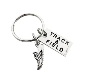Pewter TRACK & FIELD Key Chain - Running Shoe Charm and Pewter Track and Field Pendant on Round Key Ring - All Pewter Key