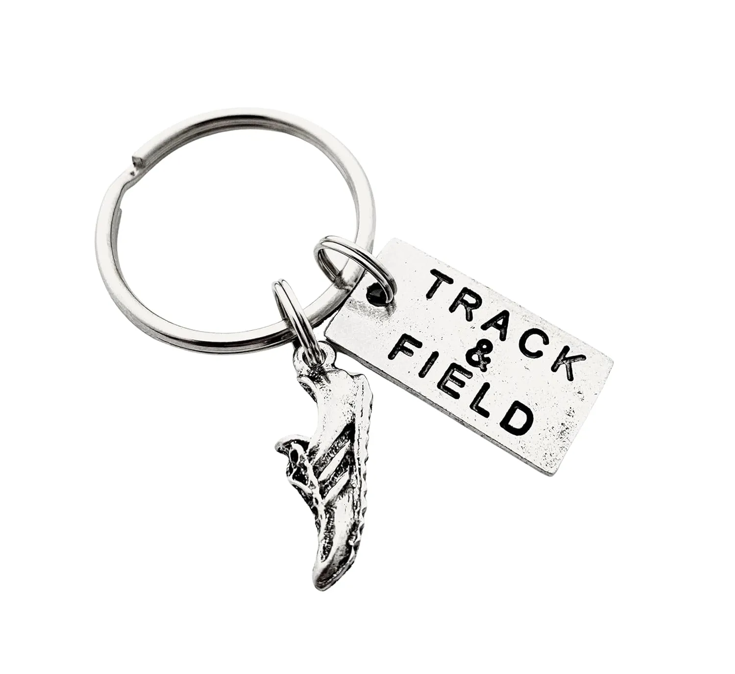 Pewter TRACK & FIELD Key Chain - Running Shoe Charm and Pewter Track and Field Pendant on Round Key Ring - All Pewter Key