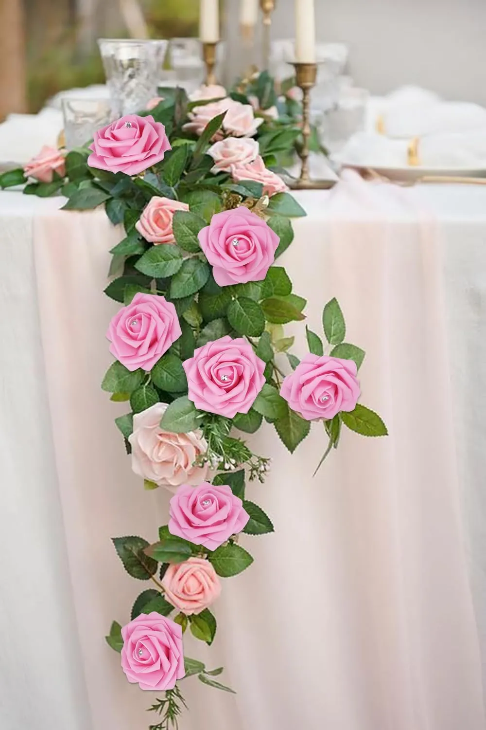 Pink Roses with Crystal 50PCS Artificial Roses with Stems2.95 Realistic Fake Roses Pink Foam Flowers for DIY Craft Corsage Wedding Bridal Shower Centerpieces Table Decor (Pink)