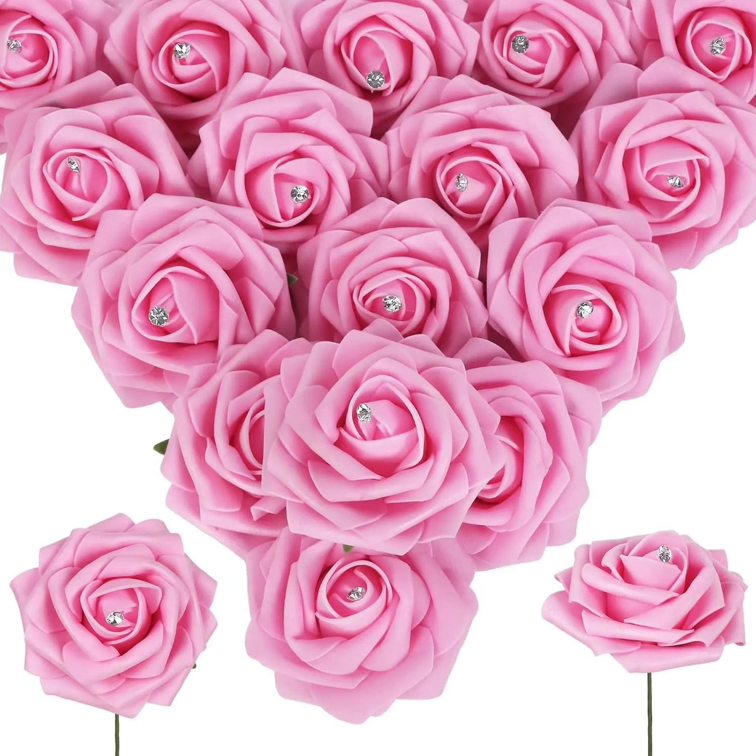 Pink Roses with Crystal 50PCS Artificial Roses with Stems2.95 Realistic Fake Roses Pink Foam Flowers for DIY Craft Corsage Wedding Bridal Shower Centerpieces Table Decor (Pink)