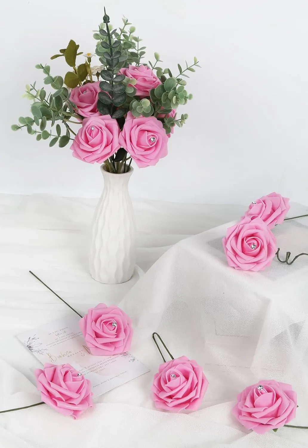 Pink Roses with Crystal 50PCS Artificial Roses with Stems2.95 Realistic Fake Roses Pink Foam Flowers for DIY Craft Corsage Wedding Bridal Shower Centerpieces Table Decor (Pink)