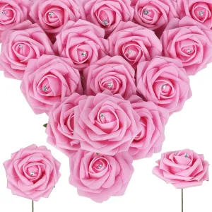 Pink Roses with Crystal 50PCS Artificial Roses with Stems2.95 Realistic Fake Roses Pink Foam Flowers for DIY Craft Corsage Wedding Bridal Shower Centerpieces Table Decor (Pink)