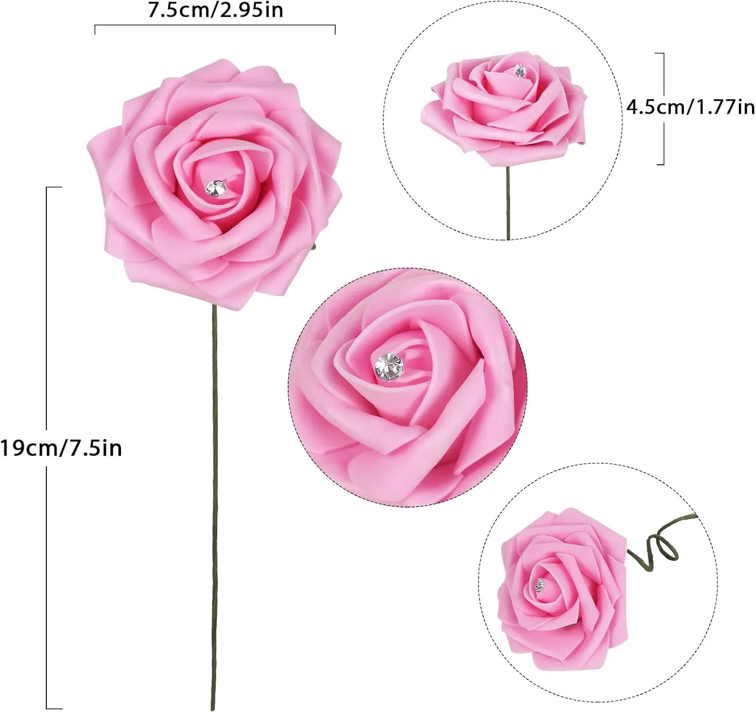Pink Roses with Crystal 50PCS Artificial Roses with Stems2.95 Realistic Fake Roses Pink Foam Flowers for DIY Craft Corsage Wedding Bridal Shower Centerpieces Table Decor (Pink)