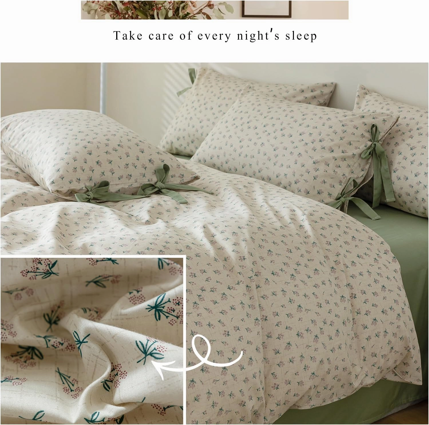 Pink Floral Duvet Cover Queen Coquette Bedding Set Queen Vintage Aesthetic Flower Cute Girls Duvet Cover Set with 2 Green Bowknot Pillow Shams Soft Cotton Shabby Chic Cream Comforter Cover