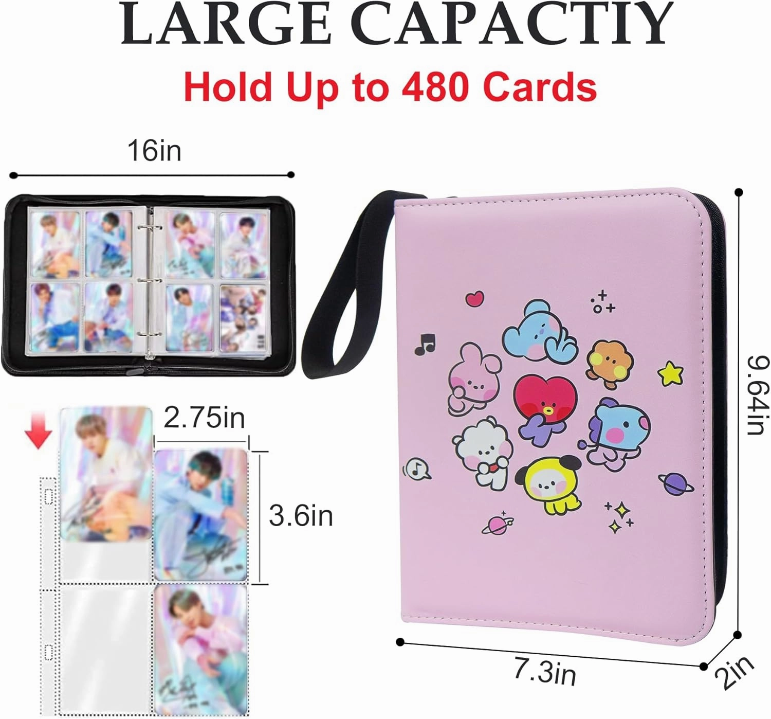 Pink Kpop Photocard Binder for BTS Lomo Cards,4 Pocket with 60 Sleeves up to 480 Cards Pink Cute Photo Album for Fans Boys and Girls