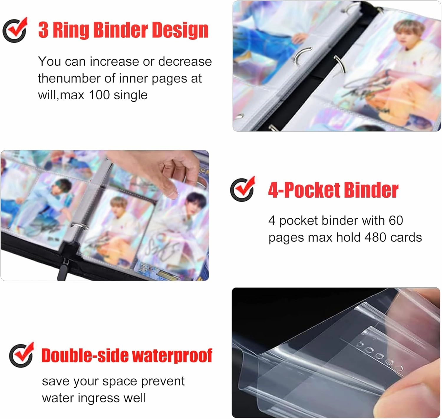 Pink Kpop Photocard Binder for BTS Lomo Cards,4 Pocket with 60 Sleeves up to 480 Cards Pink Cute Photo Album for Fans Boys and Girls