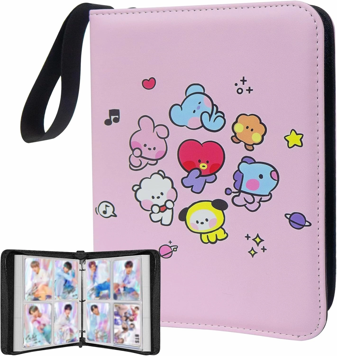 Pink Kpop Photocard Binder for BTS Lomo Cards,4 Pocket with 60 Sleeves up to 480 Cards Pink Cute Photo Album for Fans Boys and Girls