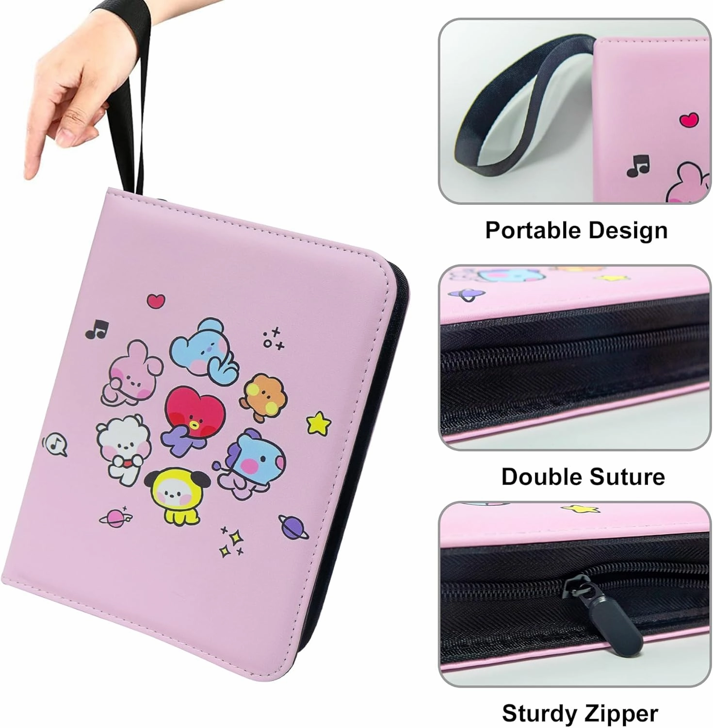 Pink Kpop Photocard Binder for BTS Lomo Cards,4 Pocket with 60 Sleeves up to 480 Cards Pink Cute Photo Album for Fans Boys and Girls