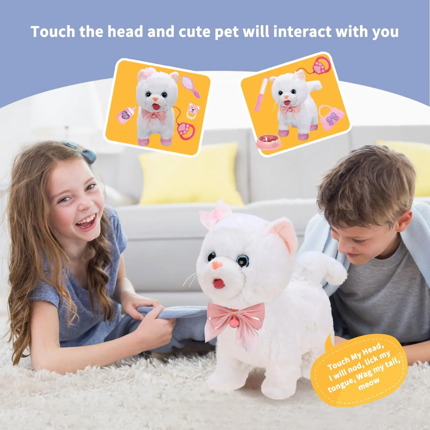 Plush Toy Cat for Kids with Remote Control Leash,Interactive Electronic Pets Toys Cat,Walking,Tongue Out,Catcall & Wagging Tail,Includes Toys Cat Accessories (White Cat)