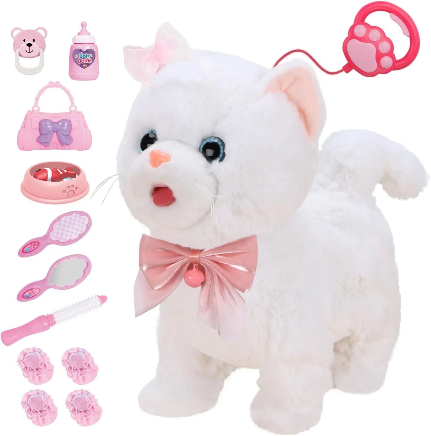 Plush Toy Cat for Kids with Remote Control Leash,Interactive Electronic Pets Toys Cat,Walking,Tongue Out,Catcall & Wagging Tail,Includes Toys Cat Accessories (White Cat)