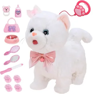 Plush Toy Cat for Kids with Remote Control Leash,Interactive Electronic Pets Toys Cat,Walking,Tongue Out,Catcall & Wagging Tail,Includes Toys Cat Accessories (White Cat)