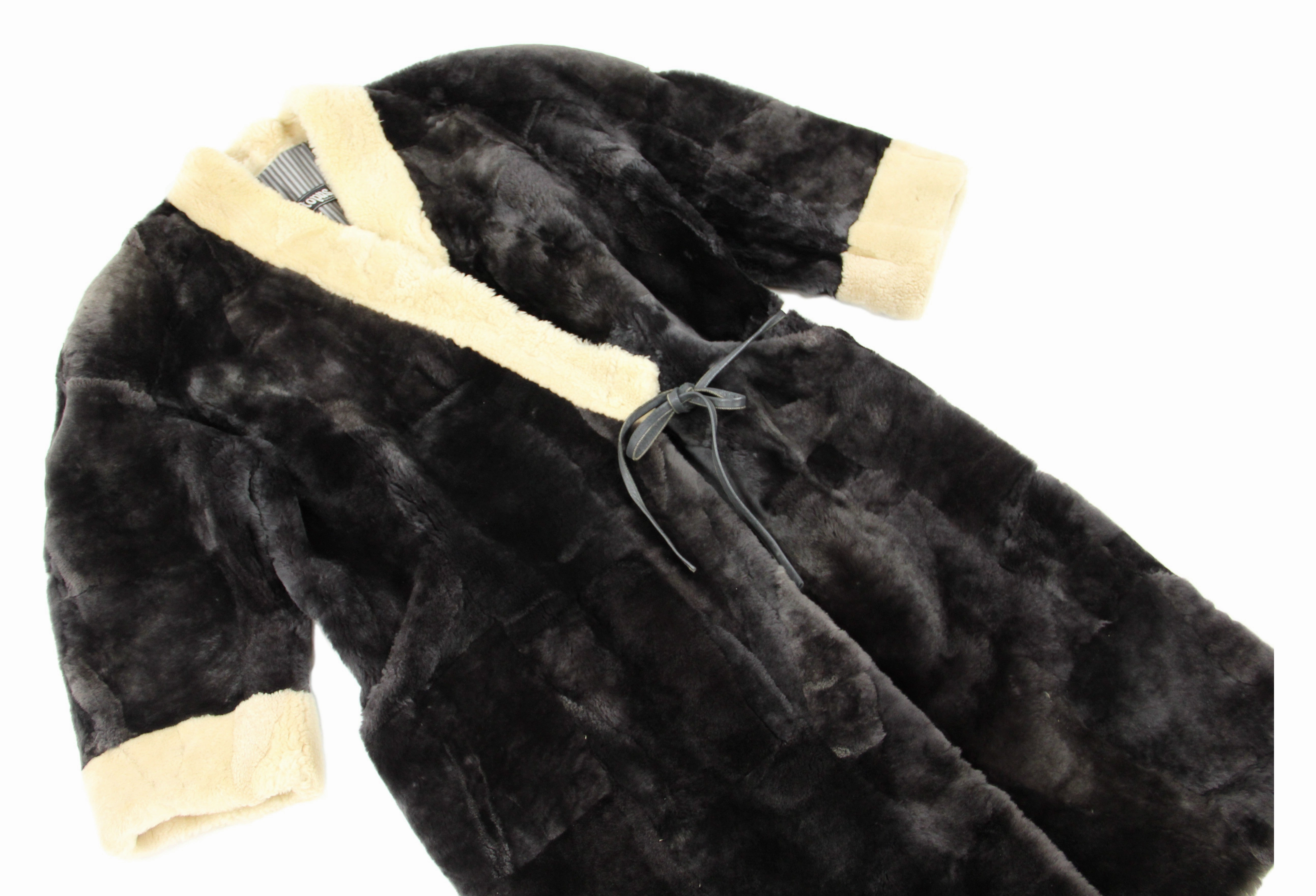 Plush Mouton Shearling Patchwork Kimono Coat, Size L