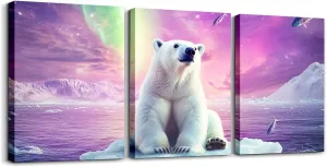 Polar Bear Canvas Wall Art Set of 3,Arctic Scenery Canvas Wall Decor Home Artwork,Arctic Glacier Wall Hanging for Kids Boys Game Room Playroom Decor