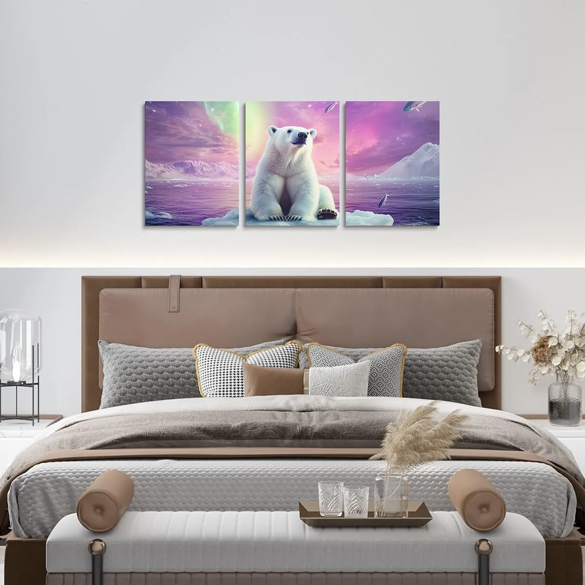 Polar Bear Canvas Wall Art Set of 3,Arctic Scenery Canvas Wall Decor Home Artwork,Arctic Glacier Wall Hanging for Kids Boys Game Room Playroom Decor