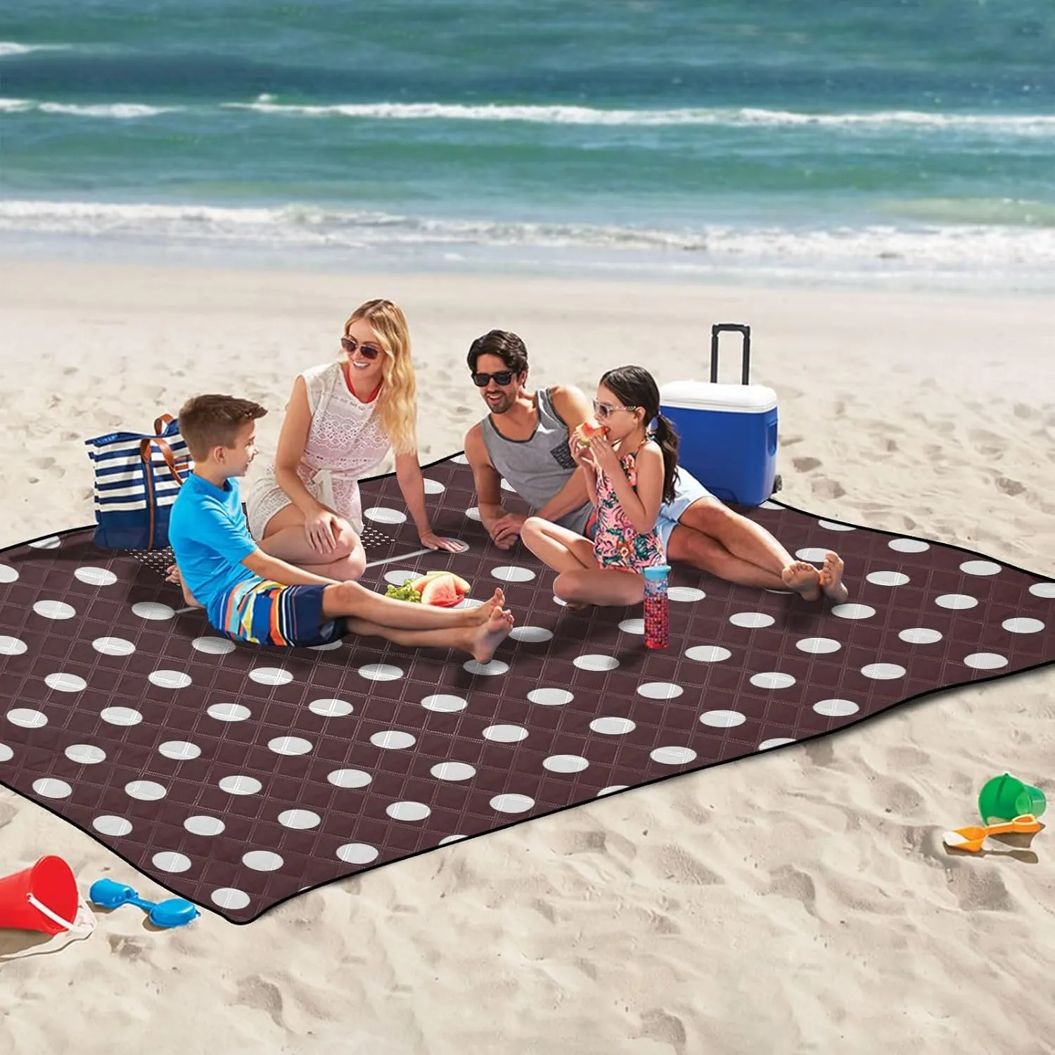 Polka Dots Brown White Picnic Blankets - Extra Large Waterproof Foldable Portable Picnic Blanket, 60"x80" Beach Blanket Outdoor Mat for Grass Park, Hiking, Travel