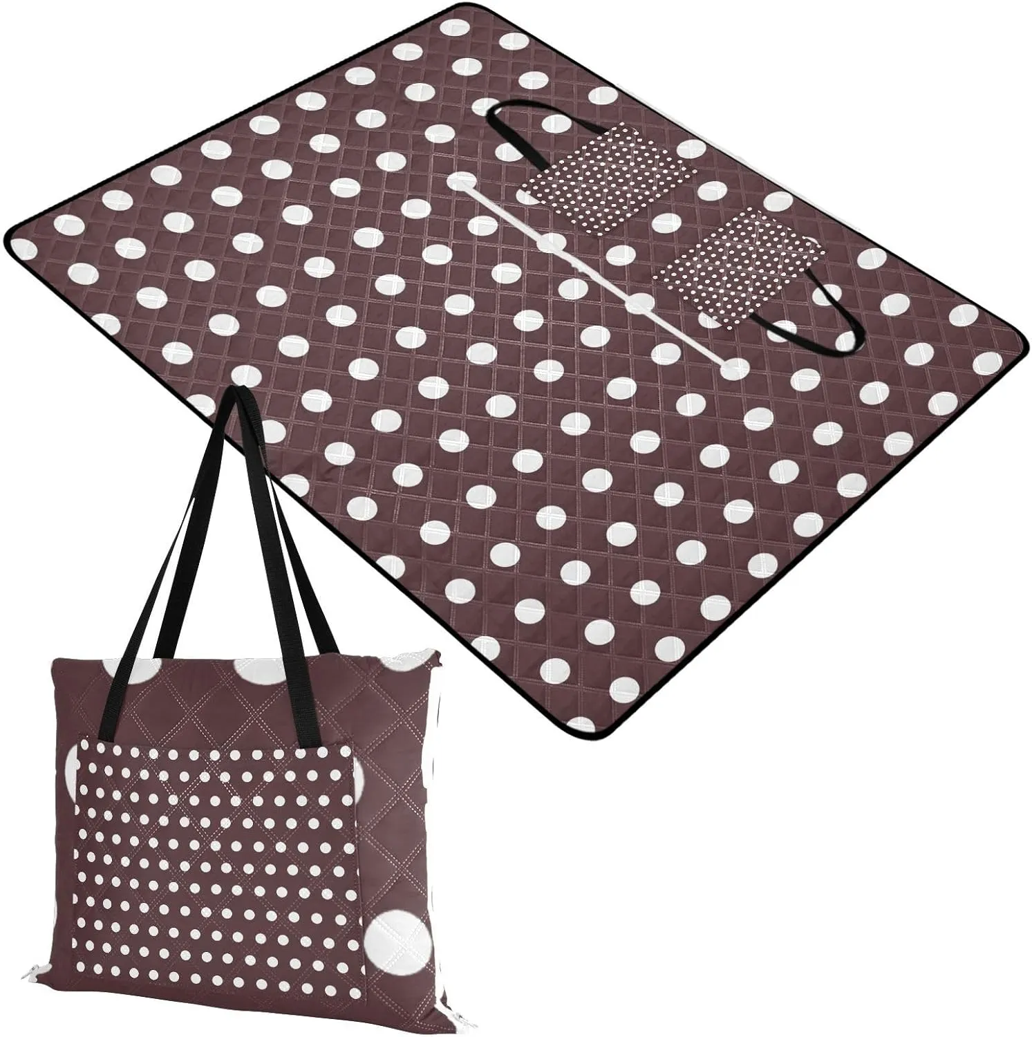 Polka Dots Brown White Picnic Blankets - Extra Large Waterproof Foldable Portable Picnic Blanket, 60"x80" Beach Blanket Outdoor Mat for Grass Park, Hiking, Travel