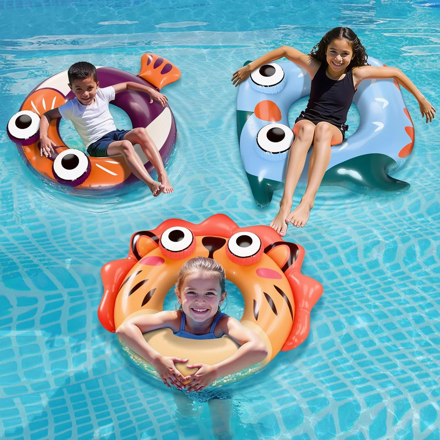 Pool Wave Kids Swim Rings Pool Floats, Toddler Inflatable Animal Swimming Tube Floaties, Summer Outdoor Water Floating Toy, Family Party Gift 3 4 5 6 7 8 9 Year Old Boy Girl Children Teen - 3 Pack