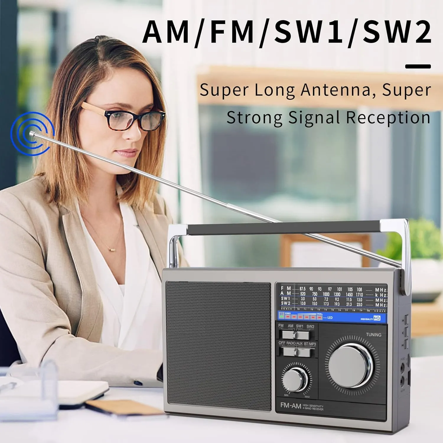 Portable AM FM Radio, Shortwave Transistor Radio with Best Reception, Battery Operated or AC Power Retro with Big Bluetooth Speaker, Earphone Jack USB TF Card AUX Input, for Senior(Gray)