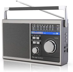 Portable AM FM Radio, Shortwave Transistor Radio with Best Reception, Battery Operated or AC Power Retro with Big Bluetooth Speaker, Earphone Jack USB TF Card AUX Input, for Senior(Gray)