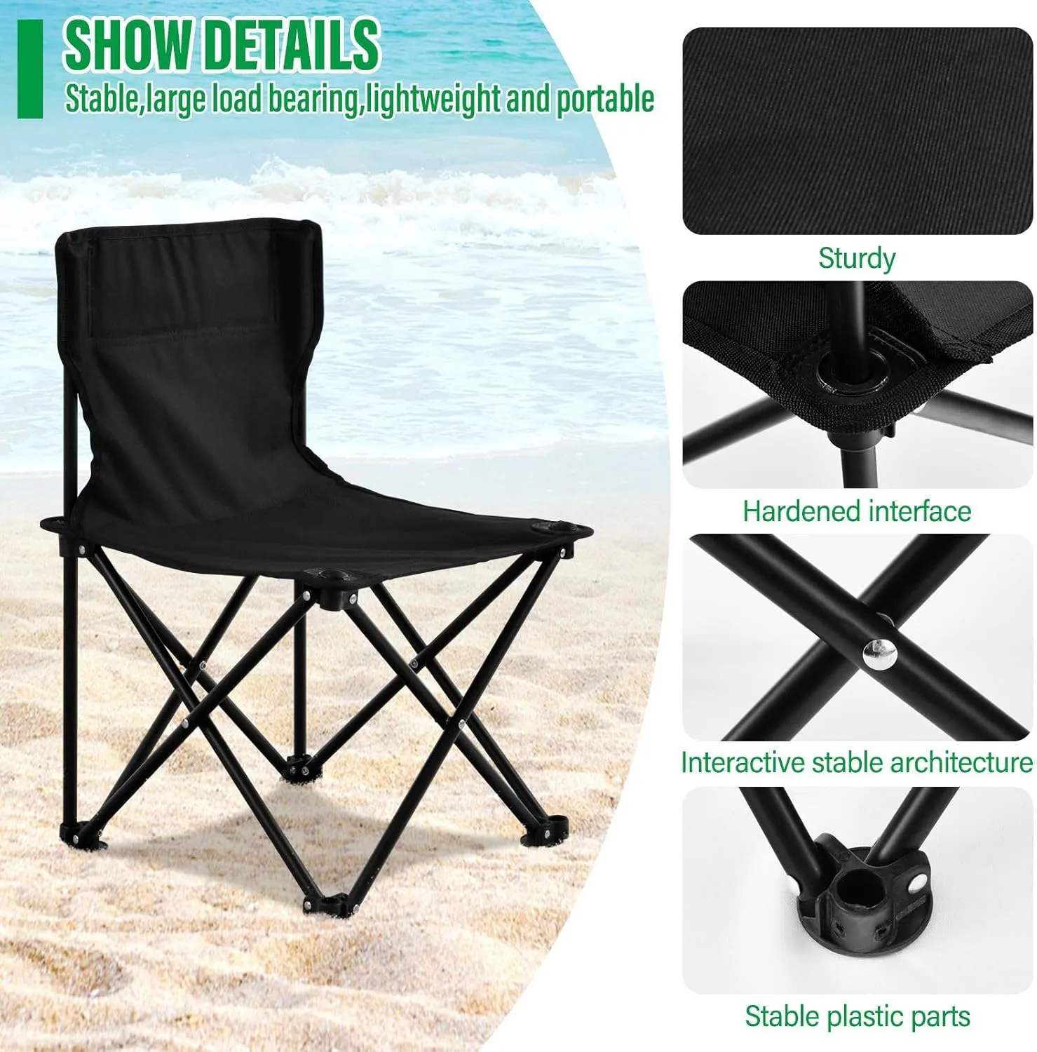 Portable Camping Chairs Black Lightweight Folding Chair for Camping, Beach, Picnic, Travel and Sports with Carry Bag 20810-1