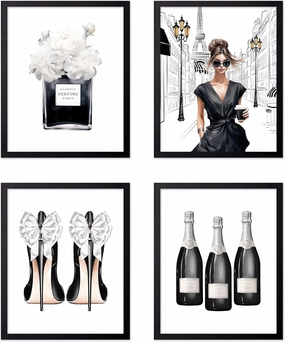 Poster Master 4-Piece Fashion Poster - Black Designer Print - Perfume Art - High Heels Art - Paris Art - Gift for Her & Fashionista - Glamour Decor for Bedroom or Girls Room, 8x10 Black Framed