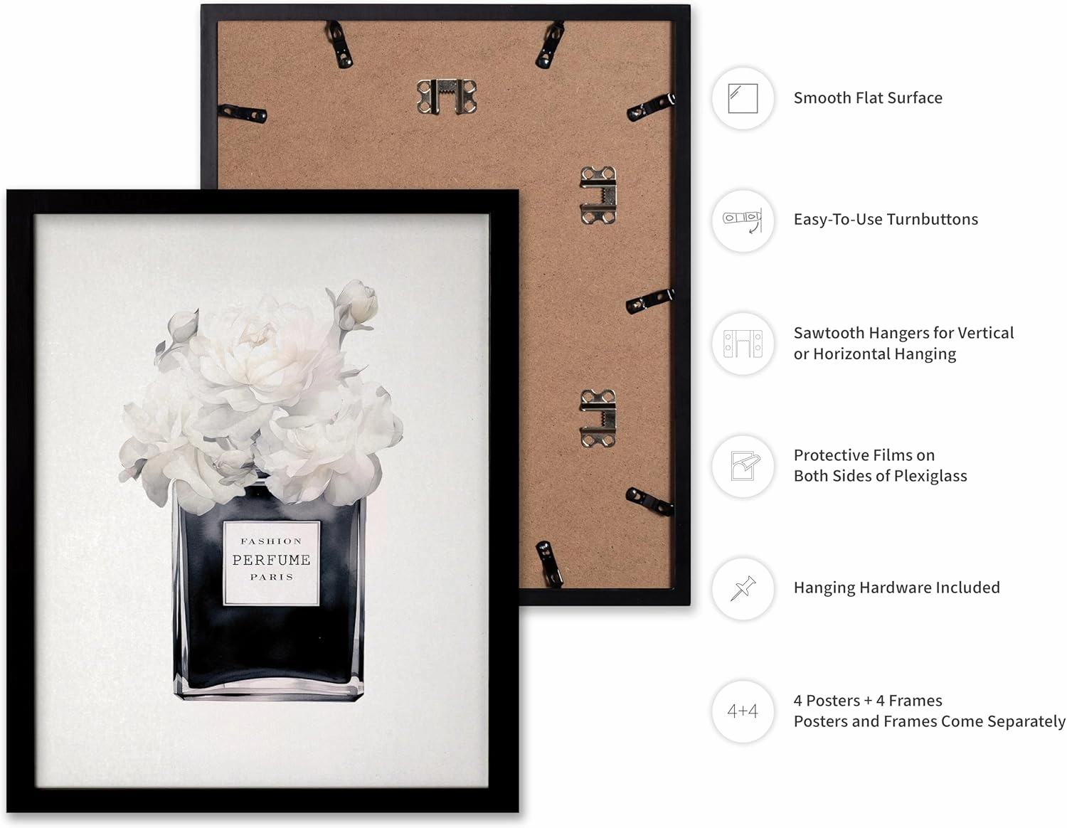 Poster Master 4-Piece Fashion Poster - Black Designer Print - Perfume Art - High Heels Art - Paris Art - Gift for Her & Fashionista - Glamour Decor for Bedroom or Girls Room, 8x10 Black Framed