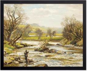 Poster Master Vintage River Painting Poster - Retro Man Crossing River Print - Landscape Art - Countryside Art - Fishing Art - Aesthetic Living Room or Lake House Wall Decor, 11x14 Black Framed