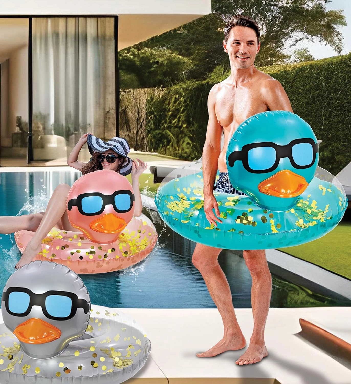 POZA Inflatable Duck Pool Float Tube- Heavy Duty Vinyl UV Resistant Confetti Pool Duck Floatie, Animal Pool Float Swim Ring Pool Inflatables for Kids and Adults for Beach, Party, Vacation