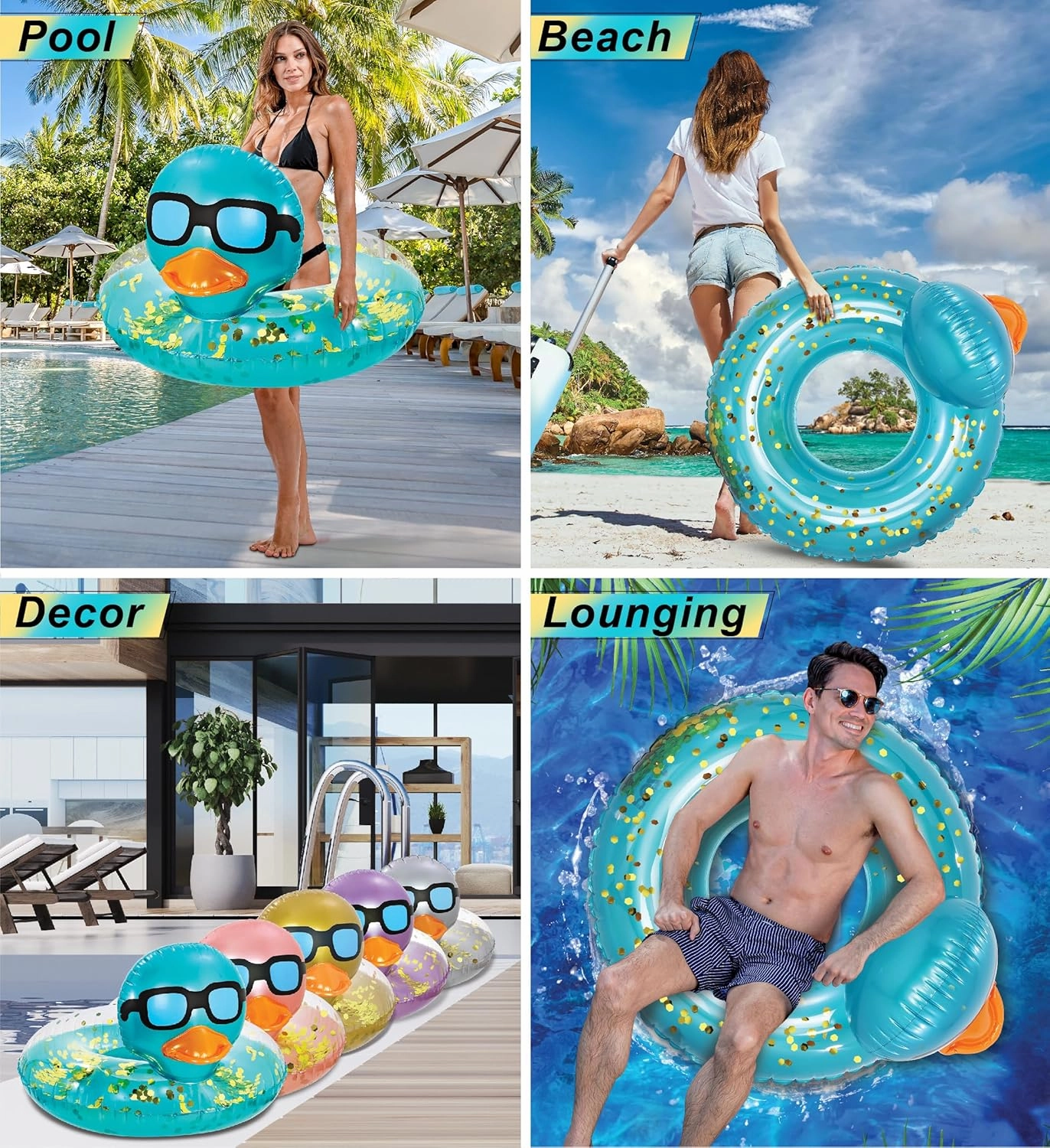 POZA Inflatable Duck Pool Float Tube- Heavy Duty Vinyl UV Resistant Confetti Pool Duck Floatie, Animal Pool Float Swim Ring Pool Inflatables for Kids and Adults for Beach, Party, Vacation