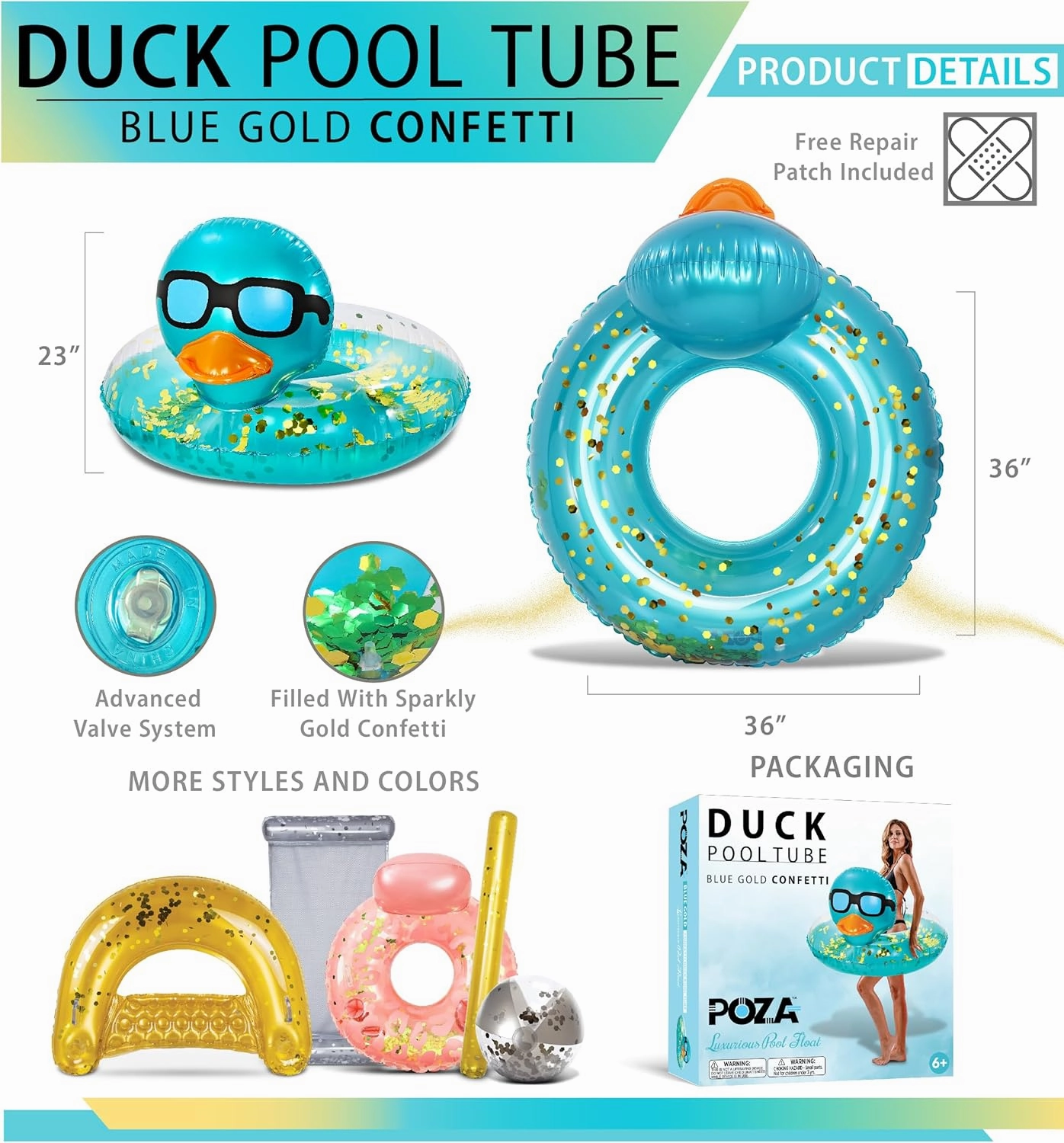 POZA Inflatable Duck Pool Float Tube- Heavy Duty Vinyl UV Resistant Confetti Pool Duck Floatie, Animal Pool Float Swim Ring Pool Inflatables for Kids and Adults for Beach, Party, Vacation